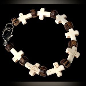 Stone Marbled Cross & Brown Wooden Bead Bracelet Unisex Mens or Woman’s Jewelry